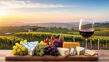 Glass of red wine with assorted cheeses and grapes on a wooden board with a scenic vineyard at sunset in the background. National cheese and wine day.