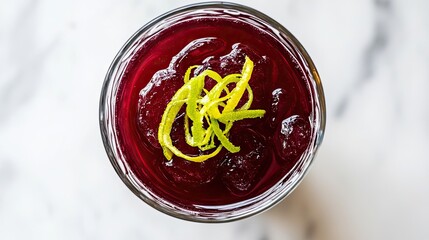 A stunning top-down view of a Cosmopolitan cocktail with a garnish of fresh lime zest.