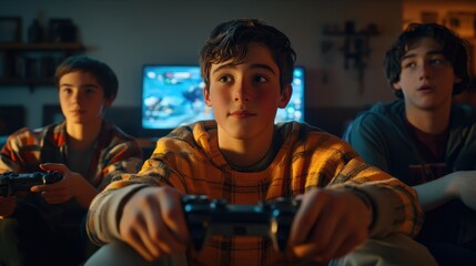 Boy with prosthetic arm enjoying video games with friends excitement in a cozy living room