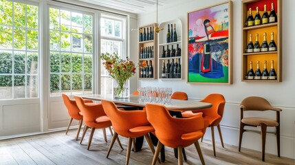 Naklejka premium A stylish dining room with a modern bottle rack showcasing an array of champagne bottles.
