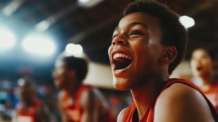 Teenage boy with facial birthmark cheering at a basketball game vibrant gym atmosphere around