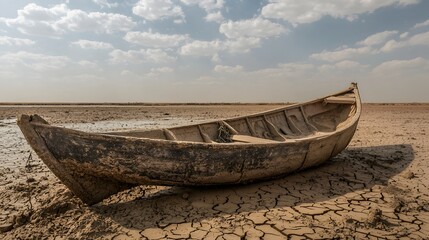 A traditional Marsh Arab canoe known as a Mashoof abandoned on the dry earth of the southern marshes of Iraq during a harsh summer drought caused by climate change and political instab.