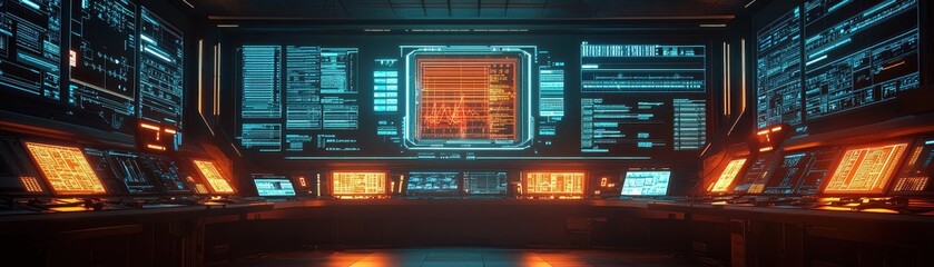 Obraz premium Futuristic control room with glowing screens and high-tech interfaces for science fiction and virtual environments