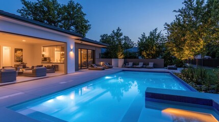 Modern luxury home with swimming pool at dusk.