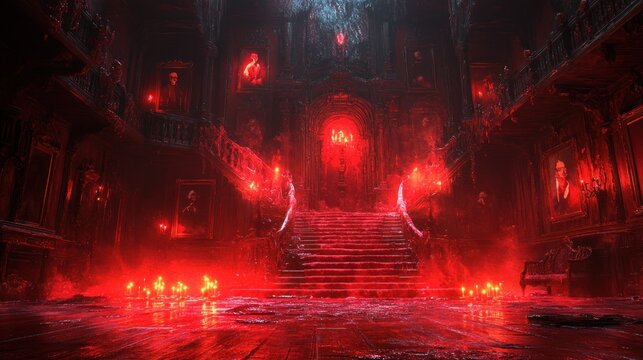 Dark red gothic mansion interior with grand staircase and glowing candles.