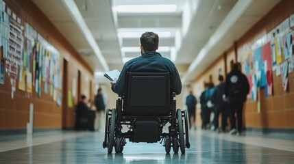 A man using a powered wheelchair in a crowded hallway notebook in hand students walking by and bulletin boards around him