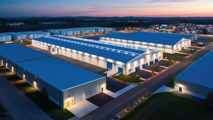 Fototapeta premium Aerial View of a Contemporary Industrial Warehouse Complex at Dusk with Shipping and Illuminated Environments