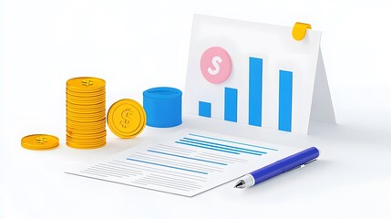 Analyzing financial growth trends with graphs and coins office workspace digital illustration minimalist environment top-down view business insights