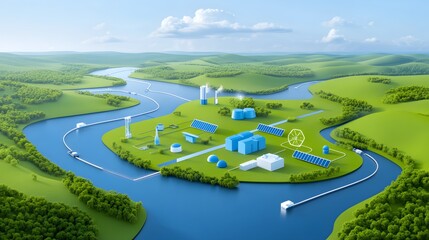 Sustainable energy solutions for future cities eco-friendly landscape digital artwork green environment aerial view renewable resources