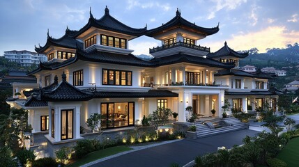 Obraz premium Majestic Asian-Inspired Mansion at Dusk