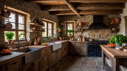 Fototapeta premium cozy rustic kitchen with wooden beams