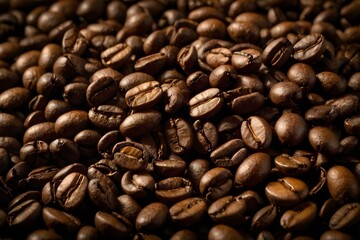 Obraz premium A close-up view of numerous roasted coffee beans.