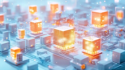 Abstract Digital Grid with Glowing Cubes and Data Connections in a Futuristic Technology Environment