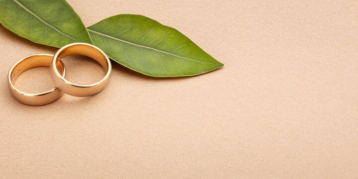 Golden Wedding Rings Resting on Beige Paper with Green Leaves