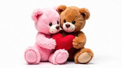 two cute plush teddy bears brown boy and pink girl holding a red heart and hugging on a white background, valentine's day, gift shop 