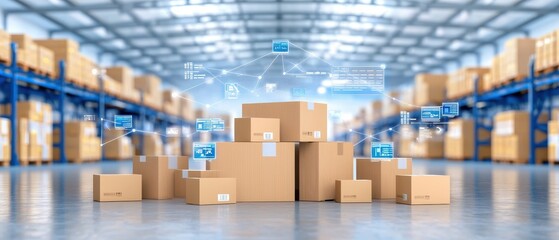 Modern Warehouse with Stacked Packages and Digital Icons Representing Logistics and Supply Chain Management