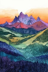 A vibrant watercolor landscape showcasing mountains and valleys at sunset.