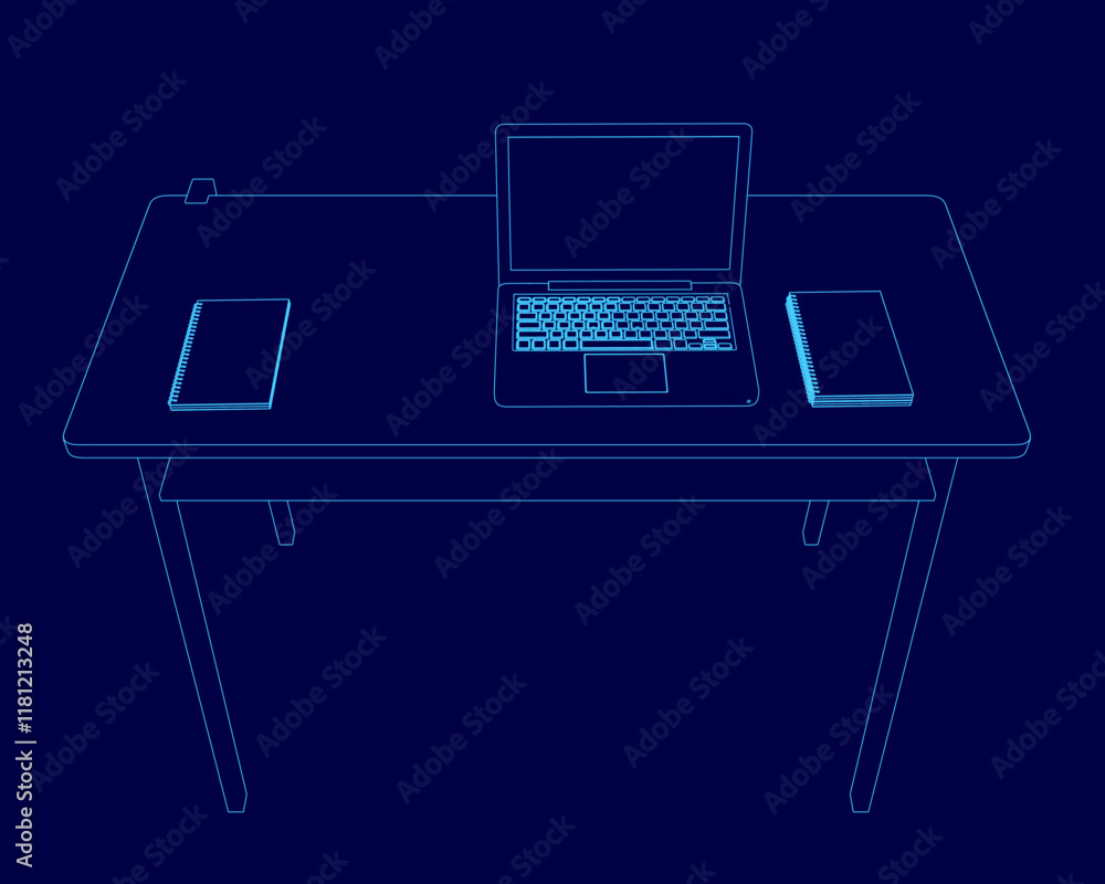 Poster laptop is on a desk with a notebook and a book. the laptop is open and the notebook is on the left s