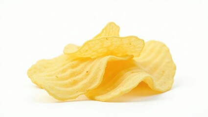 Isolated on a clear backdrop is a set of corrugated potato chips. The idea of unhealthful and unhealthy food