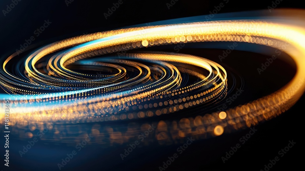 Poster gold abstract background idea. vibrant abstract swirl of light with glowing particles in a dark back