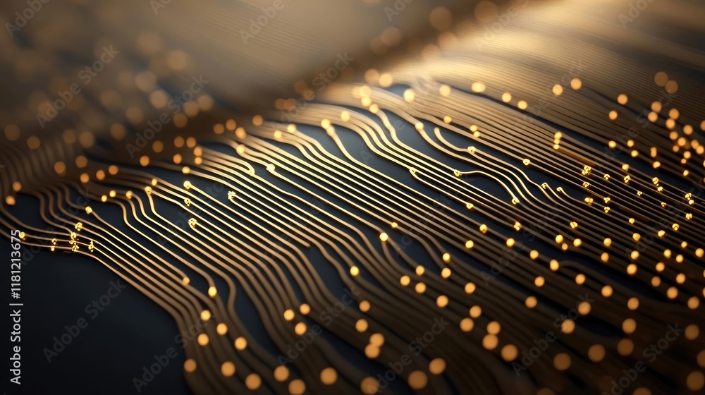Poster gold abstract background idea. close-up of a modern circuit board with golden lines and microchips g
