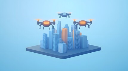Obraz premium Drones monitoring urban development city skyline digital art futuristic environment aerial view technology innovation