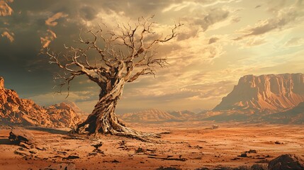 A withered tree in the middle of a barren desert landscape.
