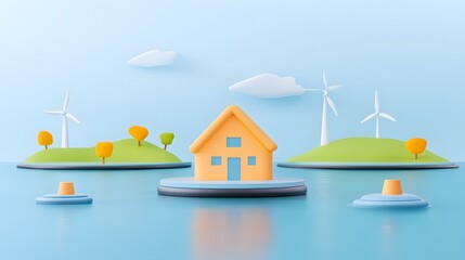 Sustainable living concept eco-friendly house renewable energy seaside landscape minimalist design modern aesthetics