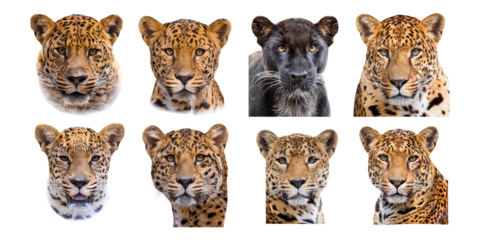 Diverse Leopard and Panther Faces Collection, PNG collection, set bundle, isolate on transparent or white background