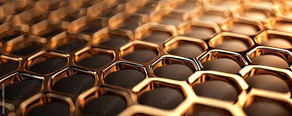 Poster gold abstract background idea. close-up view of a hexagonal metal texture with a shiny golden finish