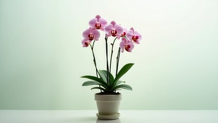 Fototapeta premium Set of lovely potted phalaenopsis orchid flowers against a clear backdrop. idea of plants and flowers