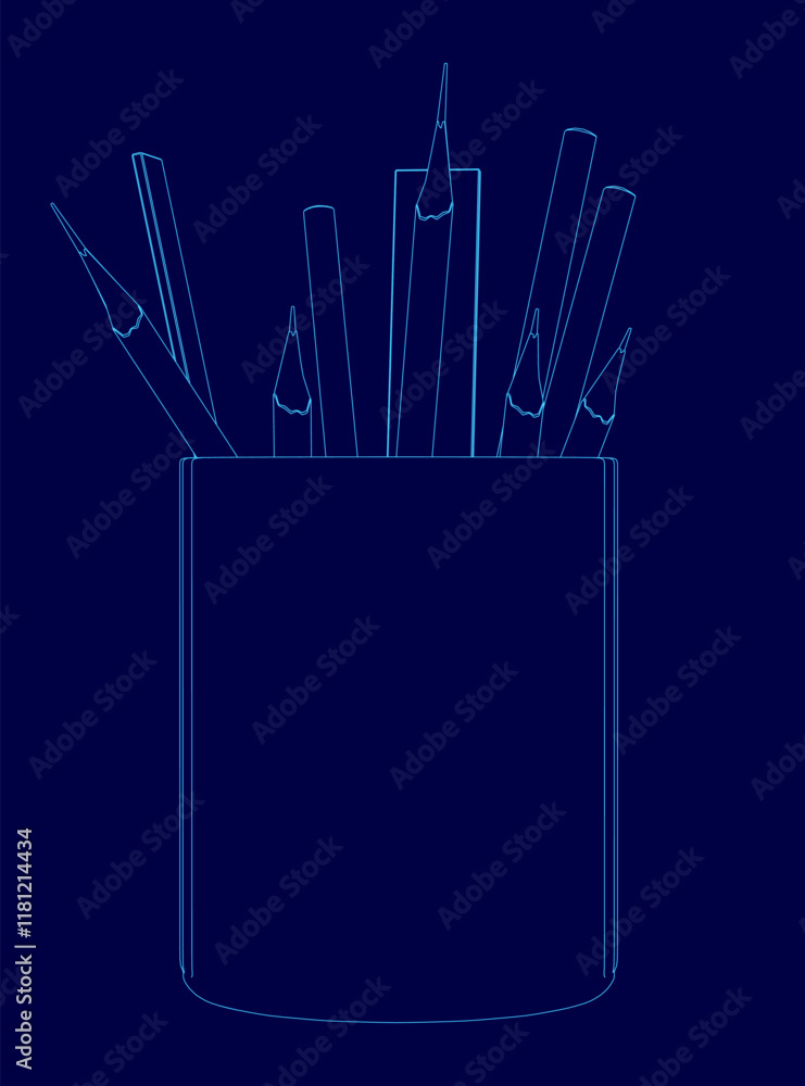 Poster blue pencil holder with pencils in it. the pencils are all different sizes and are arranged in a way
