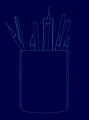 Blue pencil holder with pencils in it. The pencils are all different sizes and are arranged in a way that makes them look like they are ready to be used