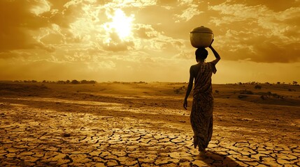 A woman carrying a pot of water on her head, walking across a dry field.