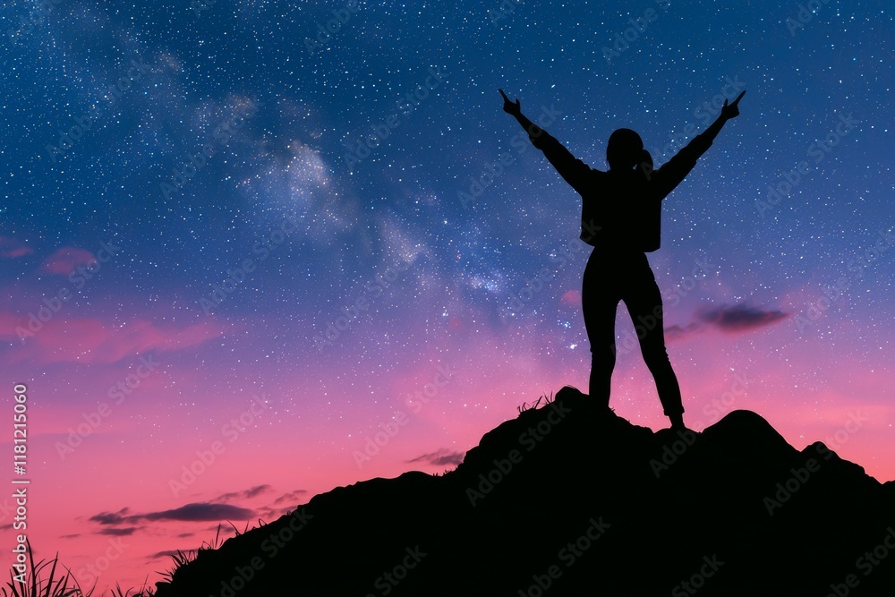 Wall mural a joyful woman stands on the mountain beneath a starry night sky with the milky way, symbolizing fre