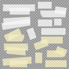 Vector set of white and yellow transparent adhesive tape. Torn pieces of masking tape isolated on transparent background.