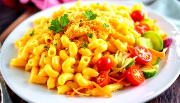 A vibrant plate of macaroni and cheese, featuring creamy, golden pasta topped with a sprinkle of breadcrumbs and fresh parsley. The dish is accompanied by a colorful side salad, including cherry