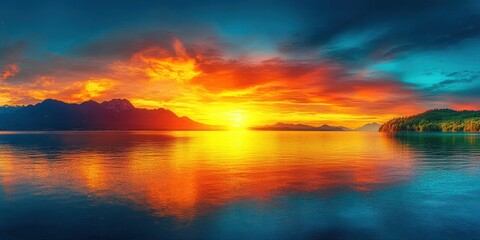 Obraz premium Panoramic View of a Stunning Sea Under a Beautiful Sunset with Vibrant Colors Reflecting Off Calm Waters and Surrounding Mountains