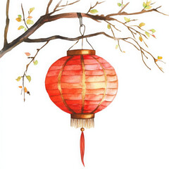 Obraz premium vibrant red lantern hanging from branch, surrounded by leaves