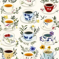Seamless Pattern of Decorative Tea Cups with Floral Design 