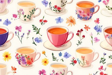 Seamless Pattern of Decorative Tea Cups with Floral Design 