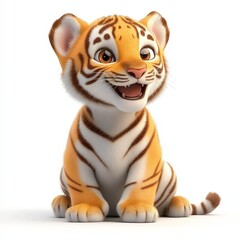 a smiling tiger cub cartoon, animal character, 3D illustration, vivid and playful, isolated on white background