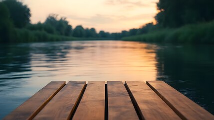 serene sunset river dock, wooden plank - tranquility