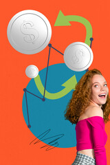 Creative photo collage trend artwork of target trader graphics stats charts economy dollars trade savings money young lady smile portrait