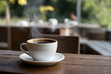 Hot Coffee Cup on Outdoor Wooden Table with Smoky Steam and Garden View