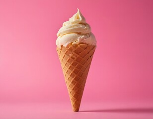 sweet delicious ice cream cone isolated on pink background 