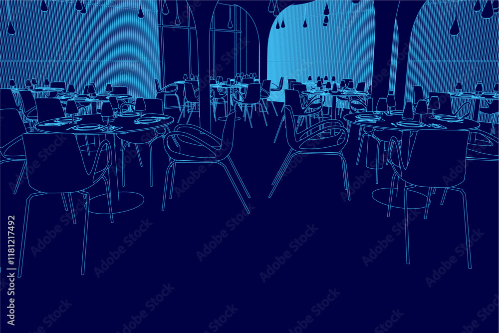 Poster blue image of a restaurant with tables and chairs. the chairs are arranged in rows and the tables ar