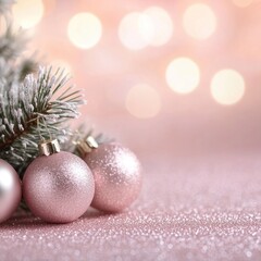 Obraz premium Pink Christmas ornaments and snowy pine branch on glitter background.