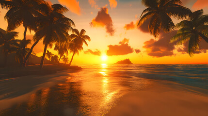 Golden Horizon: A Tranquil Tropical Sunset with Swaying Palms and Whispering Waves