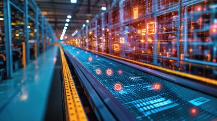 Futuristic Conveyor Belt with Digital Network Interface in Modern Warehouse Environment